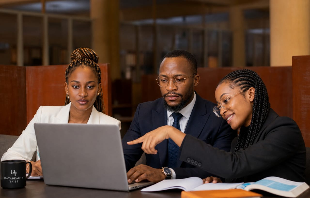 Three Databeauty Tribe members reviewing work together on a laptop